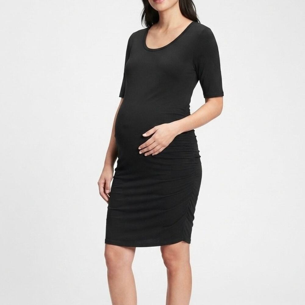 Motherhood Maternity Black Ruched Jersey Long Sleeve Midi Dress Size S